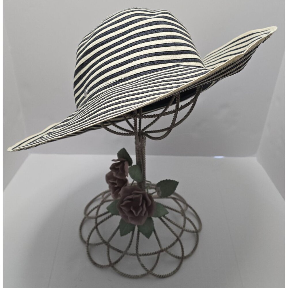 Chaps Womens Wide Brim Ivory & Navy Striped Sun Hat One Size Fits Most Beach